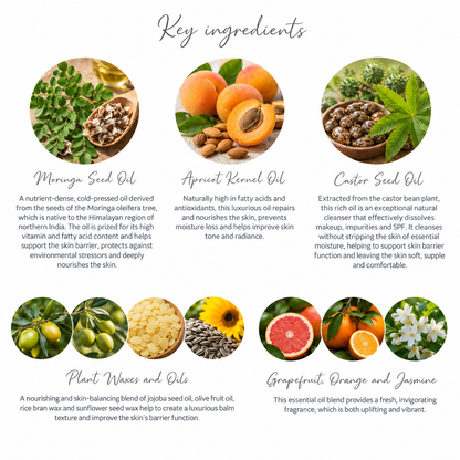 A beauty ingredient infographic titled 'Key ingredients' showing six circular product photos with names and descriptions: Moringa Seed Oil, Apricot Kernel Oil, Castor Seed Oil, Plant Waxes and Oils, and Grapefruit, Orange and Jasmine. The layout is clean and balanced on a white background.