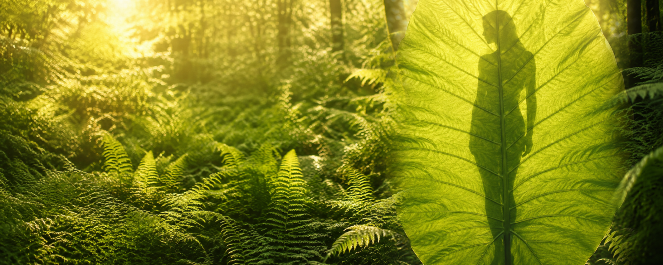 A lush green forest scene with ferns and dappled sunlight, featuring a large translucent green leaf on the right side with a dark human silhouette cast against it.